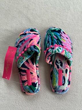 Lilly Pulitzer Multicolor Clara Slippers Tropical Slip-On Mules with Pink Trim